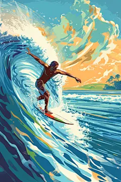 扁平风冲浪夏天夏季插画