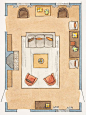 Living Room Arranging    No Free Walls, Centered Fireplace    Float seating in the center of a room filled with doors and windows. Face chairs and sofa toward each other to encourage conversation. Anchor the conversation grouping with a rug and large coff