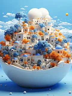 创意超现实中国风青花瓷3D立体城市街道建筑立体模型景观海报midjourney关键词咒语