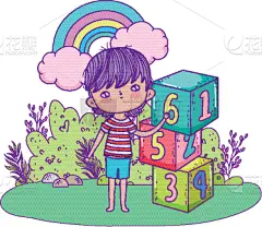 男孩,田地,积木,可爱的,小的,儿童,童年,休闲活动,欢乐,草图