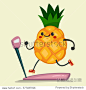 Cute Pineapple doing exercises on a treadmill. Eating healthy and fitness. Retro flat concept illustration.