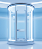 a futuristic space with a door in it, in the style of light sky-blue and light white, webcam photography, thin steel forms, transparency and lightness, rounded forms, confessional, precise nautical detail