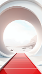 3d rendering of entrance, red staircase and red circle, in the style of 32k uhd, futuristic abstracts, white background, ultra hd, soft and rounded forms, innovative page design, tim etchells
