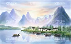 山水风景插画  - 源文件下载【酷图网】卡通,插画,风景,山,水,山水,手绘,油水画,湖泊,船,小船,小湖,湖水,素材,图片,设计,广告设计,高清,ps,psd,