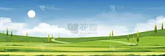 春暖花开，夏日艳阳高照，田园绿油油，云和蓝天相映成趣。有山、有草、有阳光的乡村，矢量卡通自然横幅