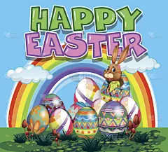 带有兔子和彩色彩蛋的复活节快乐海报