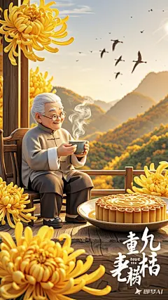 生成重阳节海报C4D选渲染，重阳节海报可包含以下元素：金黄的菊花在画面角落绽放，寓意长寿与高洁。一位和蔼的老人坐在古色古香的长椅上，手捧一杯热茶，脸上洋溢着幸福的笑容。远处是连绵的山峰被秋色渲染。几只