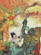 泼水节的故事
（这是一个美女和野兽的故事）
传说西双版纳有个叫玉相的姑娘，因为美貌被当地魔鬼捕获，她忍辱负重把魔鬼给灌醉，魔鬼自己把弱点说出来，他最怕头发丝，于是玉相毫不犹豫拔出头发勒死了他，魔鬼一死，头颅就滚到大地上，燃烧出魔火。玉相把魔头扛起，身上被灼烧，人们纷纷对她泼水，泼多了，也就有了泼水节。
《泼水的节日》1983年人民美术出版，绘画者楼家本。
楼家本，(1941.12—) 浙江宁波人。中央美院教授，擅长中国画、壁画、环艺雕塑，他的重彩写意风格值得参考学习，有艺术夸张，但不至于过于抽象，我个人很