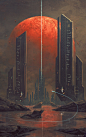 Kasai , Joseph Biwald : Quick city painting i did for an assignment. I used a picture of Jupiter moon Europa as the texture for the top of the planet  –  texture credit NASA / JPL. The Japanese characters:  "Future" on the right, "fire&