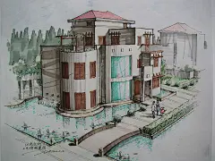 手绘二层别墅效果图带阁楼