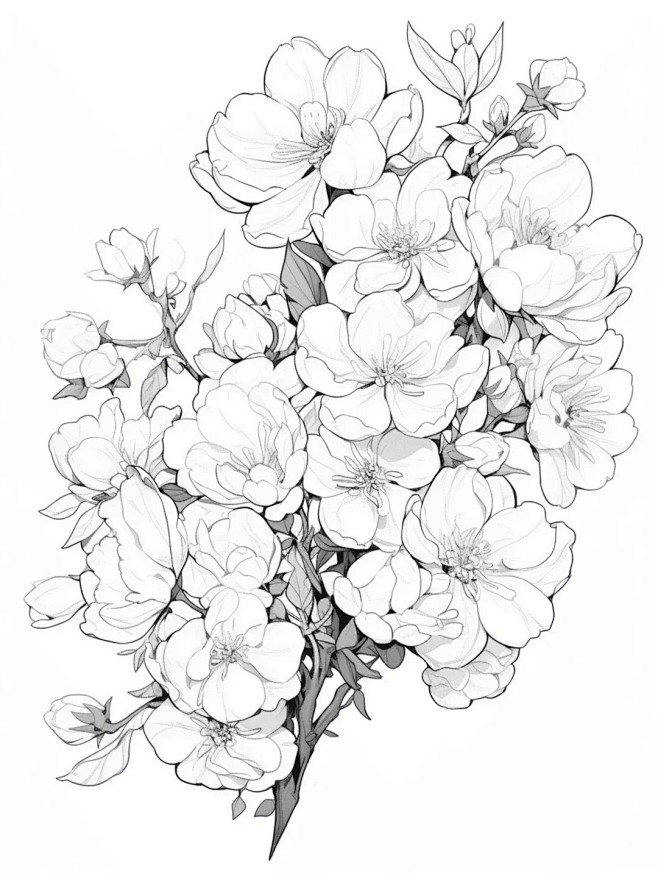 百花系列之【一支桃花】线稿可临摹可涂色_...