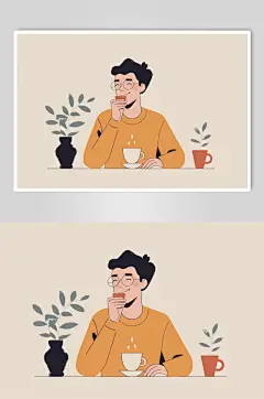 AI数字艺术休闲喝咖啡的人物插画
