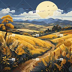 秋收田野，金色麦田，平面插图，手绘