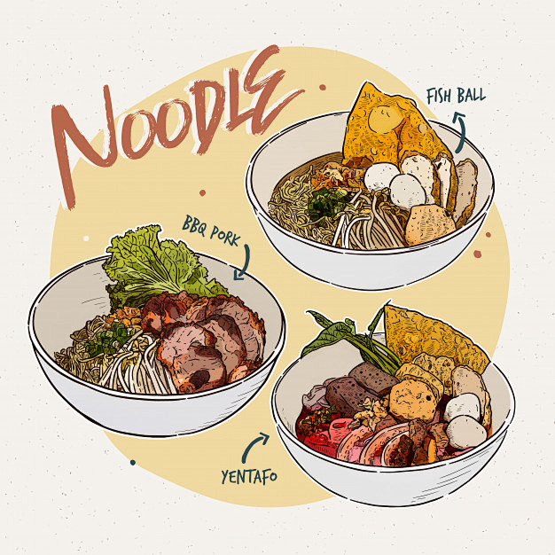 面条收集泰国菜手画素描保费矢量