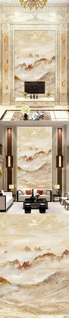 高档玉石大理石石材玄关石纹中式山水背景墙
