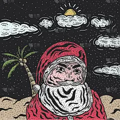 手绘复古圣诞老人插画在夜间海滩的背景