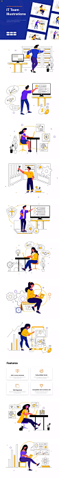 时尚高端简约IT工程师团队合作插图海报banner UI插画设计模板集合（AI，EPS，JPG，PDF，PNG，SVG）