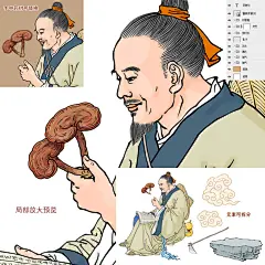 李时珍 灵芝 医学家 中草药 中药 养生 野生 中医馆 手绘 插画 插图 壁画挂画 古法 包装设计 古代人物