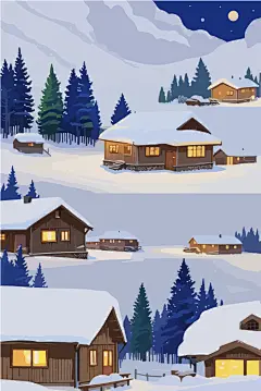 手绘冬季森林小木屋
