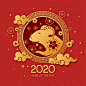 Red and golden chinese new year with rat in a frame with clouds