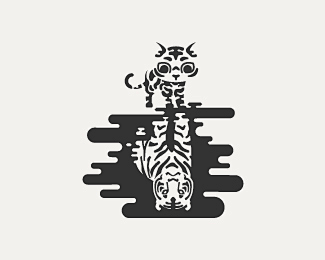 猫虎logo猫咪老虎倒影镜子自信动物黑白色