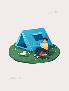 露营野餐野炊户外出游手绘男孩帐篷草地