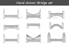 套大纲卡通手绘风格的桥梁——建筑对象Set Of Outline Cartoon Bridges In Hand Drawn Style - Buildings Objects拱、建筑、建筑、栏杆、桥梁、建筑、有线电视、城市,收集、建设、设计师,平面,手,图标,说明,地标,支柱,铁路、河流,道路,公路,集,剪影,象征,旅游、塔、交通、旅游、矢量、水 arch, architectural, architecture, balustrade, bridge, building, cable, city, c