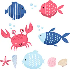 手绘扁平风海洋生物元素