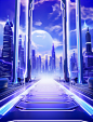 an image that contains blue and purple lines, in the style of sci-fi environments, realistic perspective, animecore, light silver and white, urban signage, spiritual landscape, die brücke