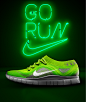 Nike Free Flyknits Concept : Playing around with neon effects in Cinema 4d and V-Ray and came up with this concept for Nike's very cool Flyknit sneakers. The lettering and background were modeled and rendered in C4D through V-Ray and touched up in Photosh