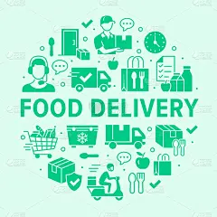 送餐圈海报剪影图标。矢量插图- coutier在自行车，门非接触交付，杂货清单，晚餐平面象形图快速分