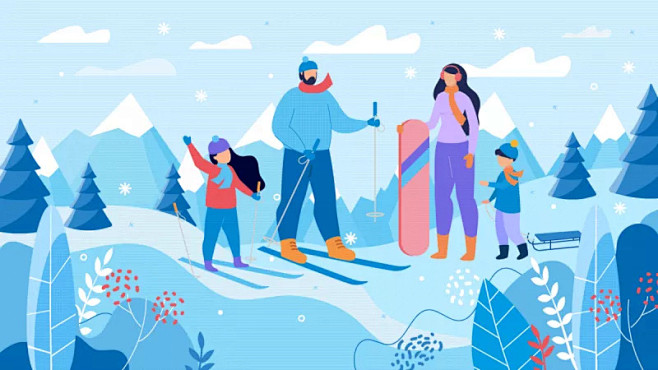 family skiing snowbo...