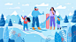 family skiing snowboarding on mountain resort