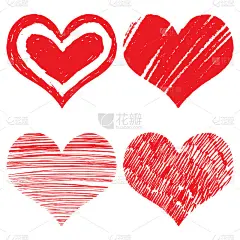 心图标集，手绘图标在红色的情人节。为婚礼收集的垃圾摇滚向量心。由粉笔和水彩制成的。