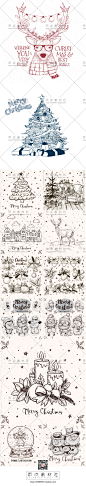 复古手绘圣诞场景插画 麋鹿雪人冬日钢笔线条绘画 ai矢量设计素材-淘宝网 #圣诞# #插画#