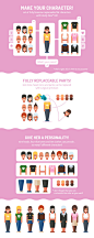 Make Your Female Character : Make your female character! Set of fully feminine replaceable flat characters. Nine heads, four skin tones and ten clothes. Vector EPS, PSD, no transparencies. Also you can buy Make Your