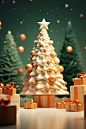 3d christmas tree with presents on the background, in the style of light orange and light beige, dark green and white, soft and dreamy depictions, meticulous photorealistic still lifes, 32k uhd, commission for, cute cartoonish designs