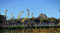 日出时在河边的恐龙，晚侏罗纪景观中的腕龙、Compsognathus 和翼龙群