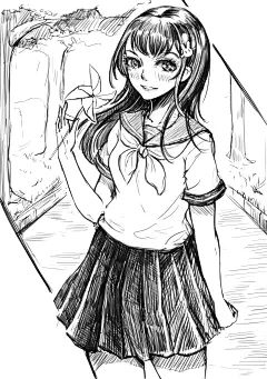 草图，制服，少女，风车，手绘，漫画，黑白，线稿
