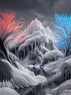 抽象的、白色的羊毛状山丘、蔓延的黑白树、闪耀在白色和灰色的天空上的红色霓虹灯盘、抽象自然、数字艺术、数字艺术、超细节。 (1)