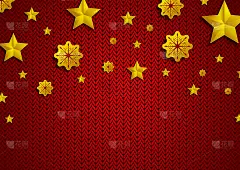 红色编织的背景上，金色的星星和雪花