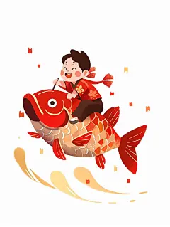 一个可爱的中国小男孩骑着一条大鲤鱼过年气氛海报