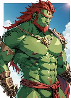 00277-2489085255-red hair,green skin,Ganondorf, male focus, muscular, sarong ,masterpiece,best quality,1man,muscular,muscular male, anime absurdr