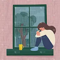 坐在窗边的沮丧的女人。季节性抑郁症的概念。可爱的矢量插图在卡通平面风格