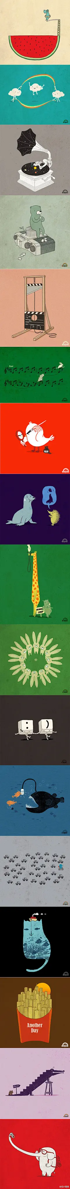 Heng Swee Lim的作品轻松幽默，主角经常是可爱的小动物，在他的画中，彩虹被当做跳绳被小兔子跳，西瓜被当做游泳池被河马跳进去，丰富可爱的联想让人品味他的插画时忍俊不禁，快来一同欣赏这位天才插画师的幽默作品吧！(via：ruiii.com)