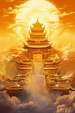 宫殿古风古韵金线城市建筑插画