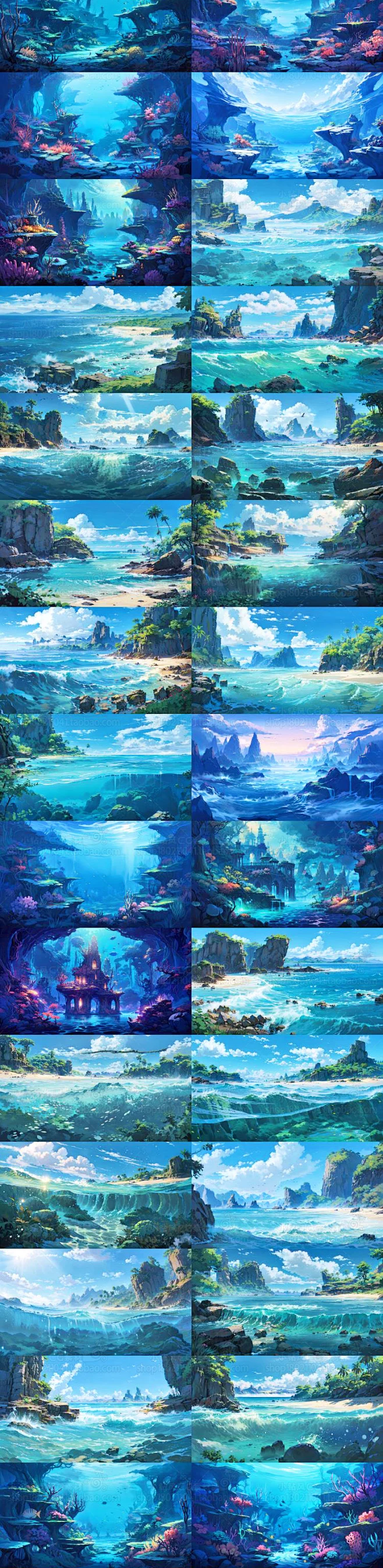 AI海洋场景插画素材 大海礁石图集 影视游戏场景概念设计背景参考-淘宝网-花瓣网