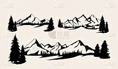 一座座山收集风格各异的山地景观。山的黑白图解.线性艺术。标志