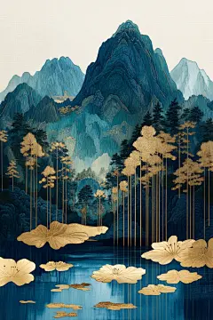 中式鎏金山水名画