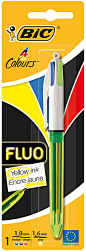 BIC vier Farben Kugelschreiber Fluo – Kugelschreiber dokumentenecht mit roter, blauer, schwarzer und neongelber Mine mit Highlight-Funktion – Blister á 1 Stück: Amazon.de: Bürobedarf & Schreibwaren